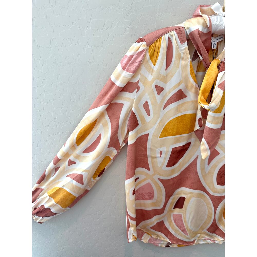 Maison d’Amélie Abstract Print Tie Neck Blouse Puff Sleeve Pink NWT Small - Picture 4 of 9